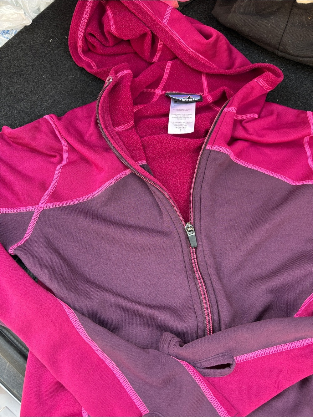 Patagonia women’s Two-Tone Pink and Plum Hooded Fleece Jacket